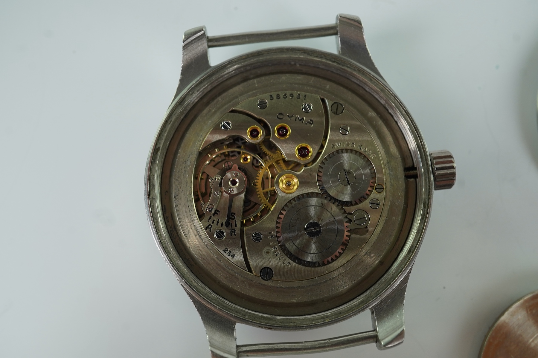 A gentleman's stainless steel Cyma W.W.W. British Military 'Dirty Dozen' manual wind wrist watch, circa 1945